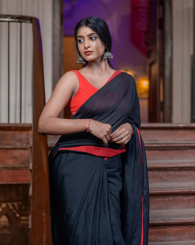 Women Black Red Cotton Saree