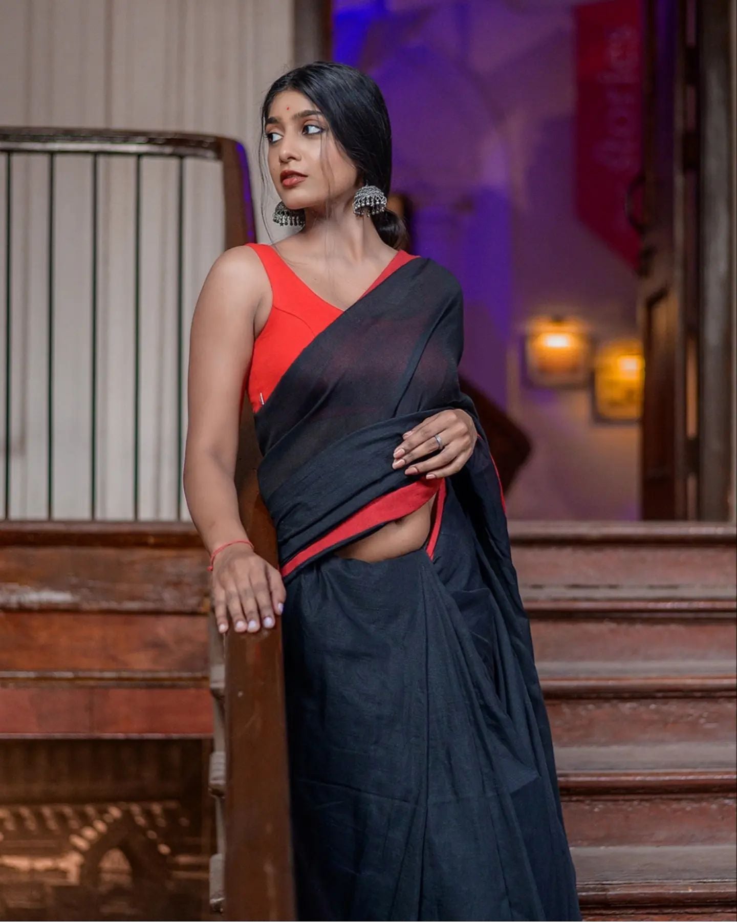 Women Black Red Cotton Saree