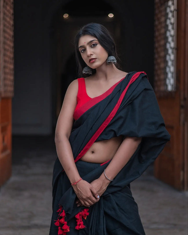 Women Black Red Cotton Saree