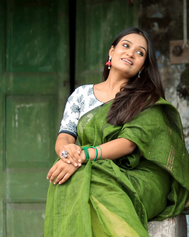 Women Green Sequence Cotton Silk Saree