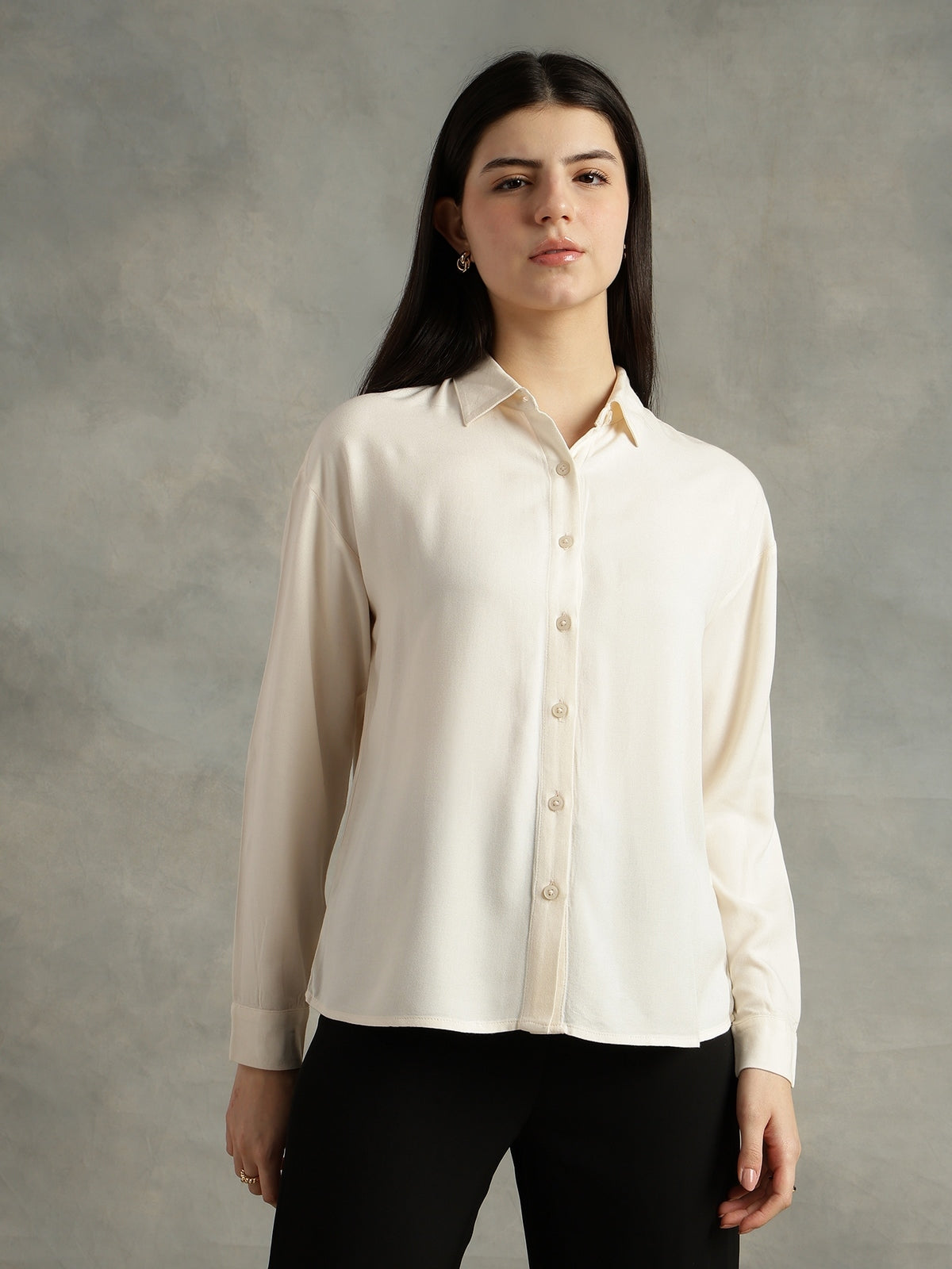 Women Grey Spread Collar Long Sleeves Shirts