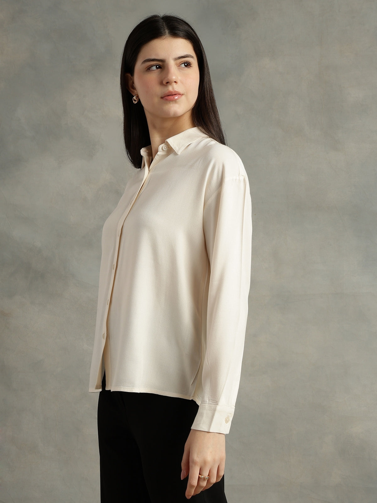 Women Grey Spread Collar Long Sleeves Shirts