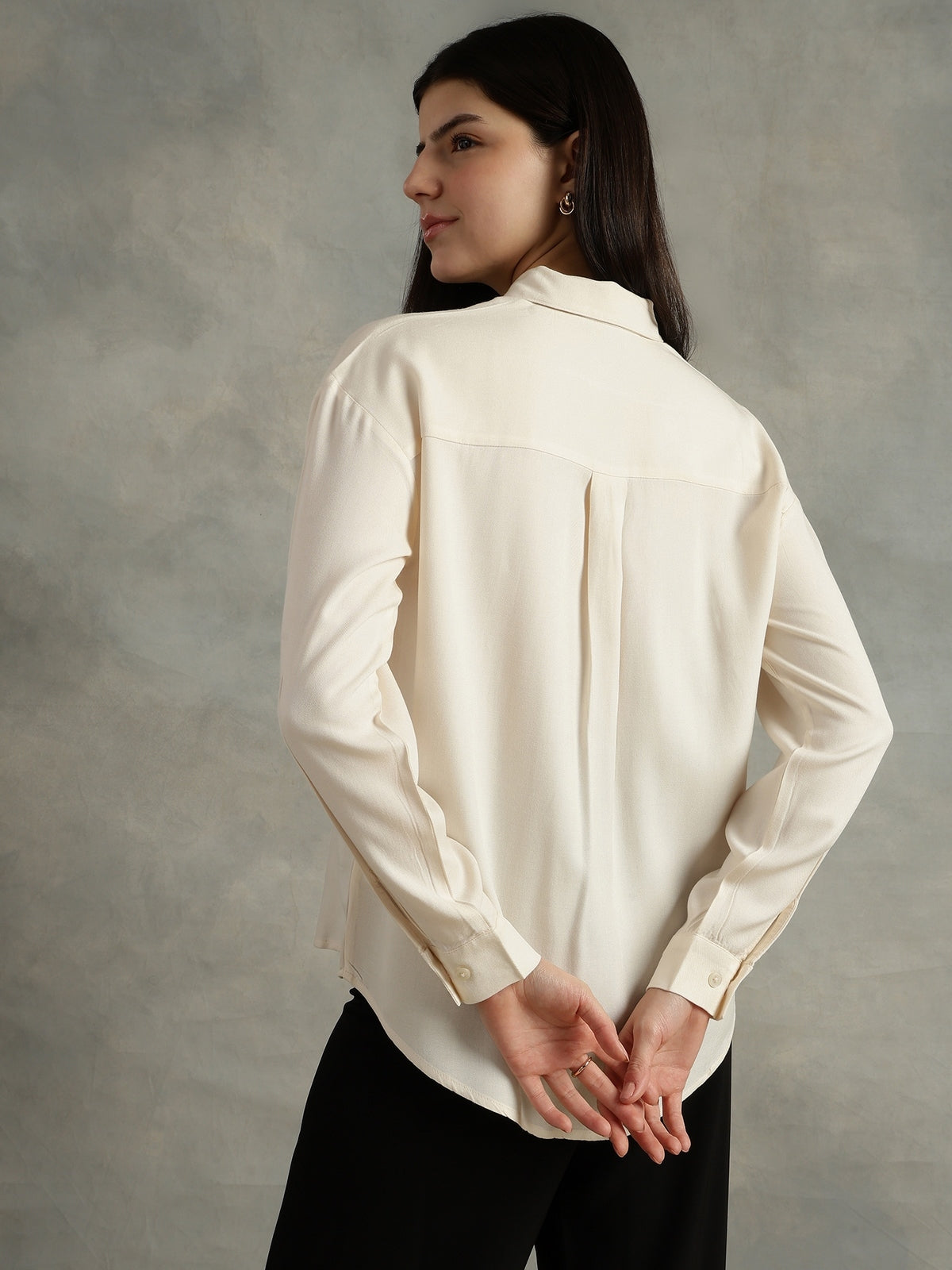 Women Grey Spread Collar Long Sleeves Shirts