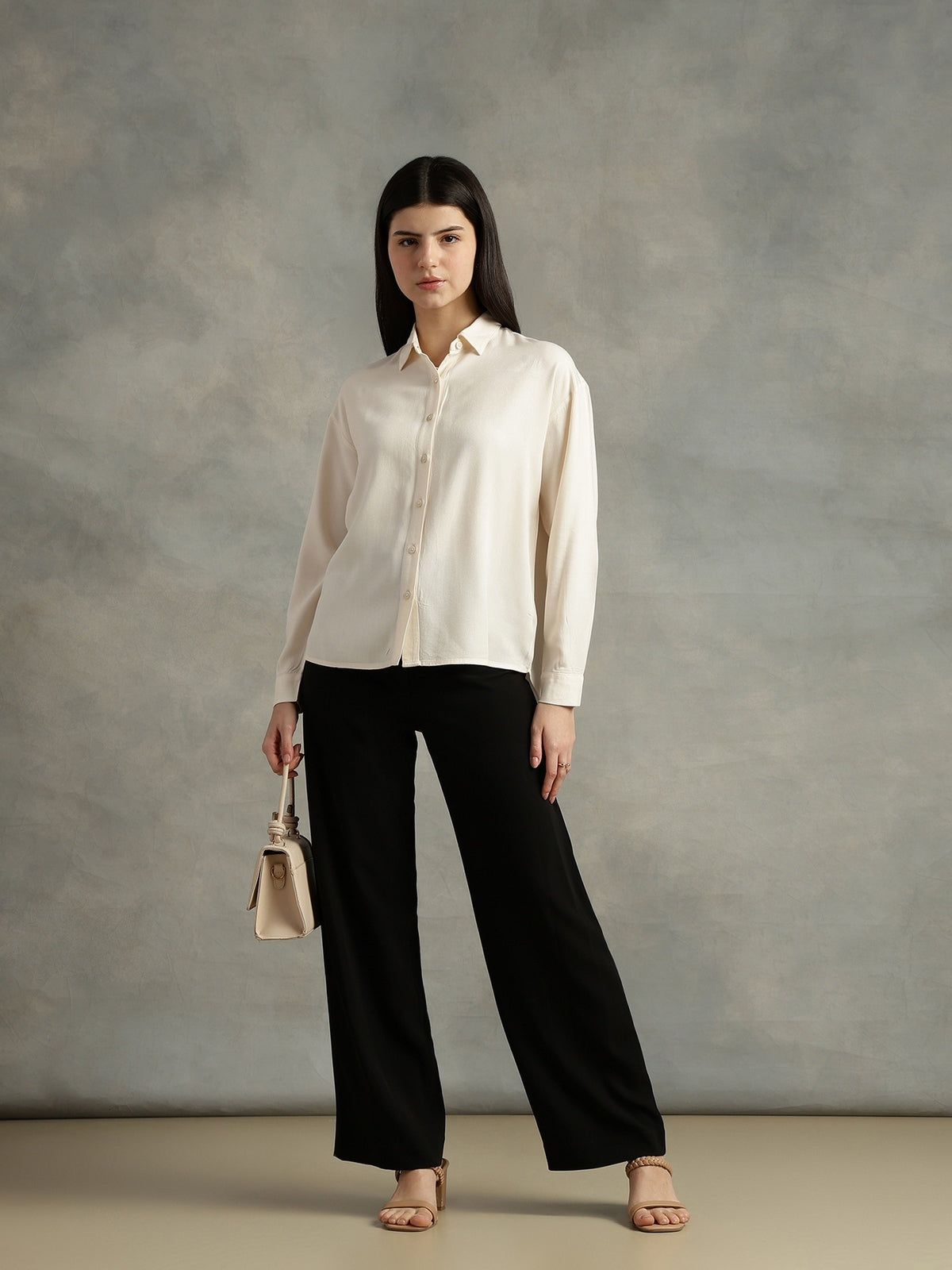 Women Grey Spread Collar Long Sleeves Shirts