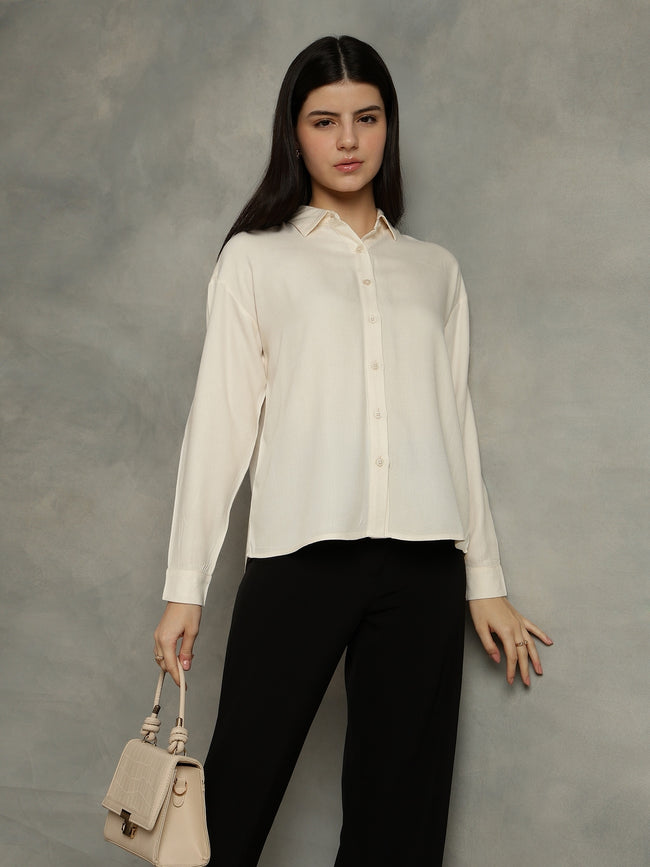 Women Grey Spread Collar Long Sleeves Shirts