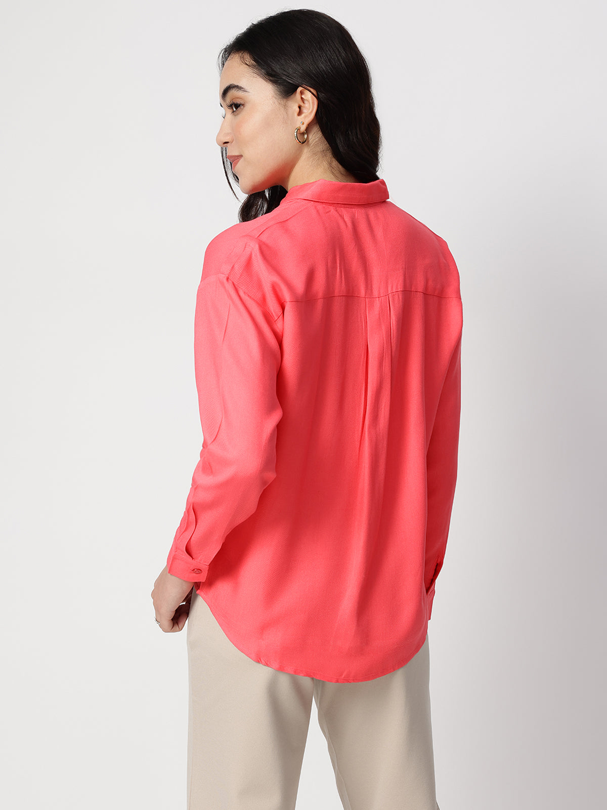 Women Coral Spread Collar Long Sleeves Shirts