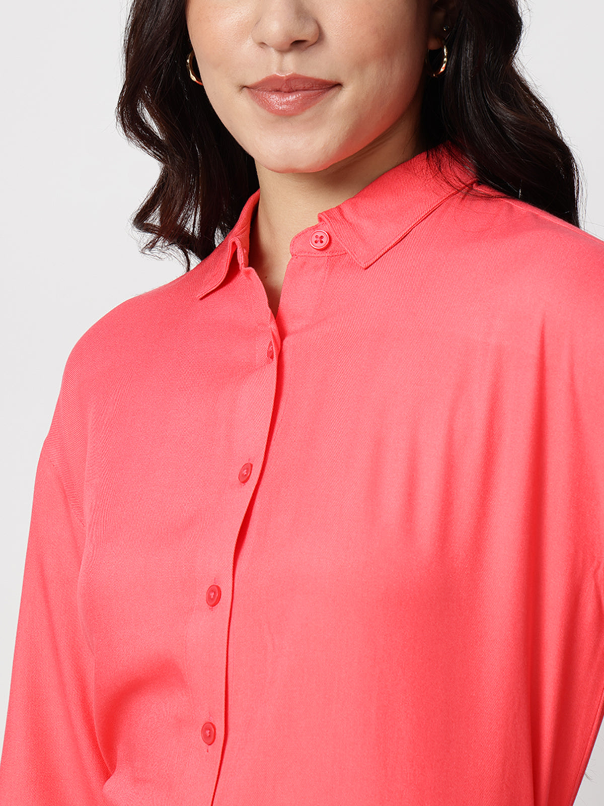 Women Coral Spread Collar Long Sleeves Shirts