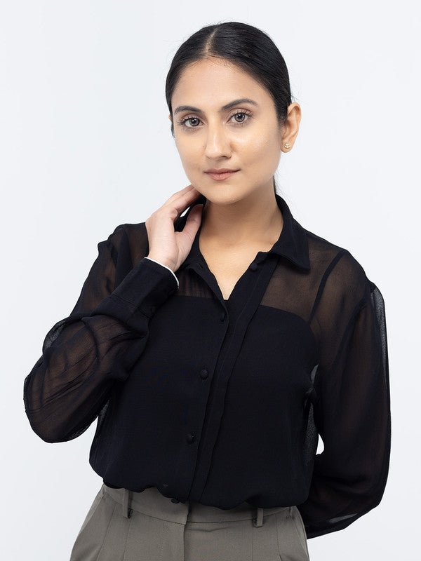 Women Black Spread Collar Long Sleeves Shirts