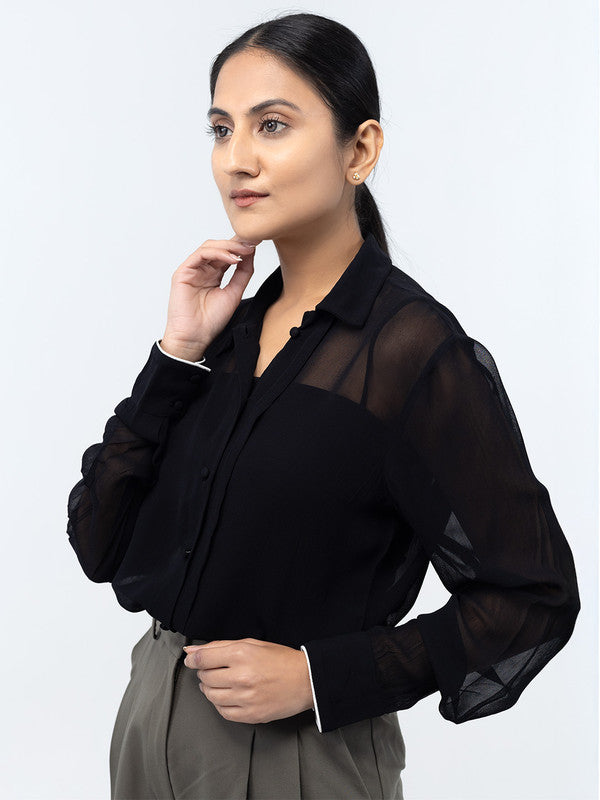 Women Black Spread Collar Long Sleeves Shirts
