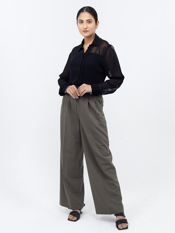 Women Black Spread Collar Long Sleeves Shirts