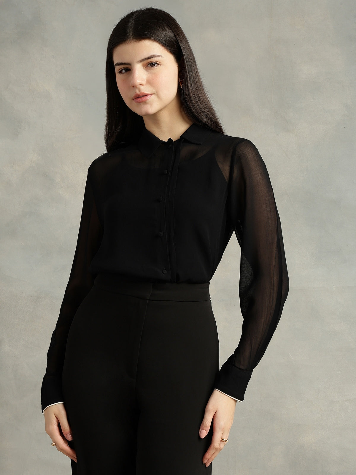 Women Black Spread Collar Long Sleeves Shirts