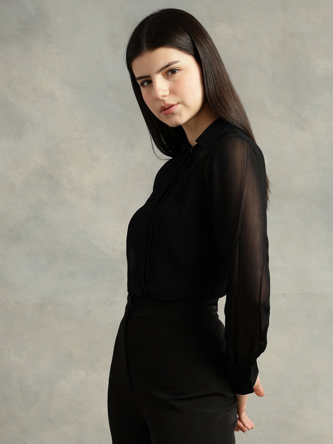 Women Black Spread Collar Long Sleeves Shirts
