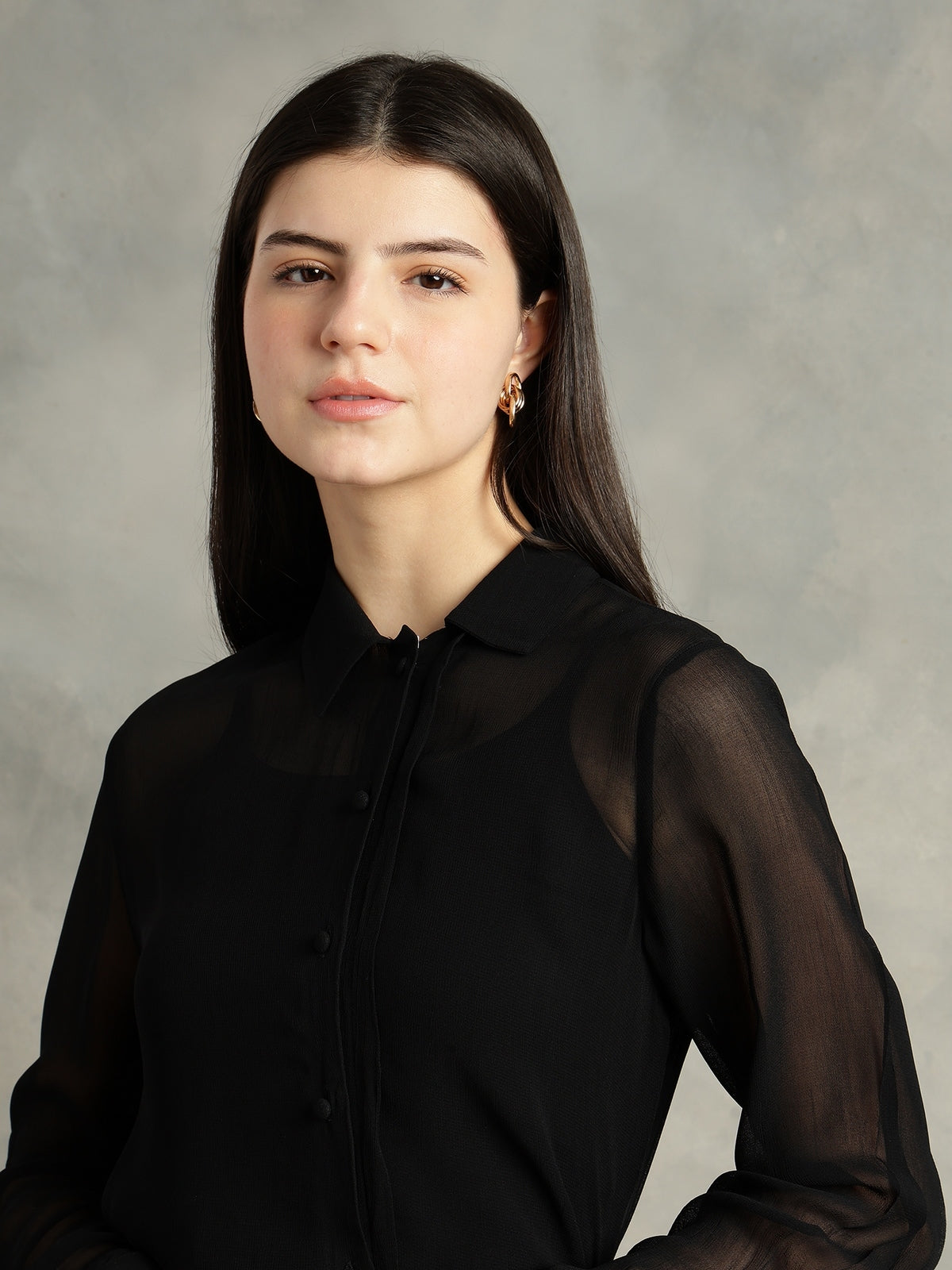 Women Black Spread Collar Long Sleeves Shirts