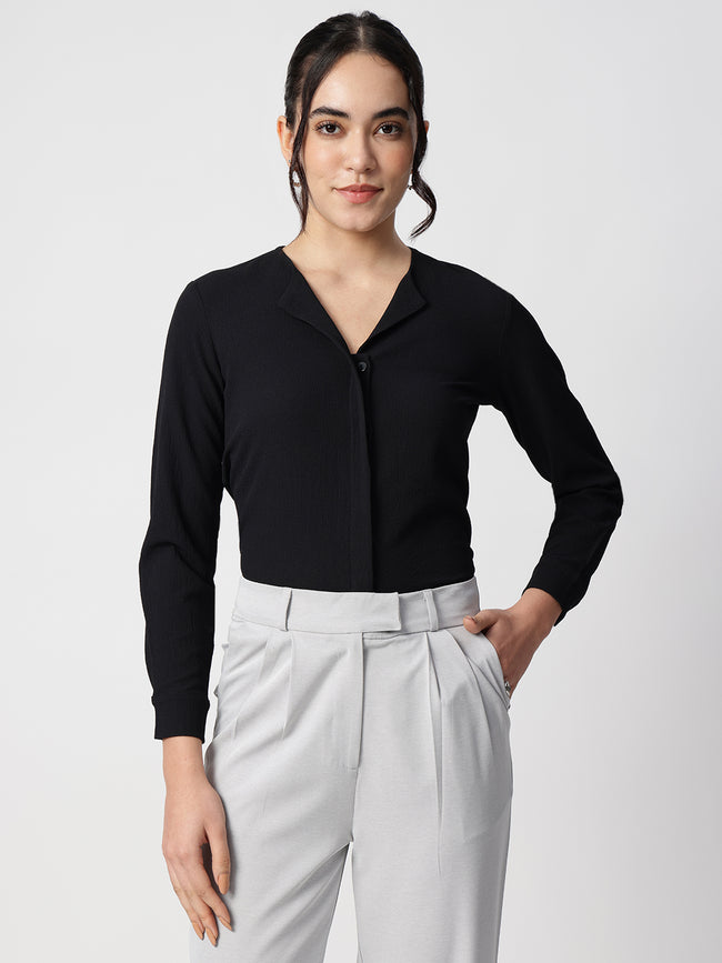 Women Black Crepe Cuban Collar Shirt