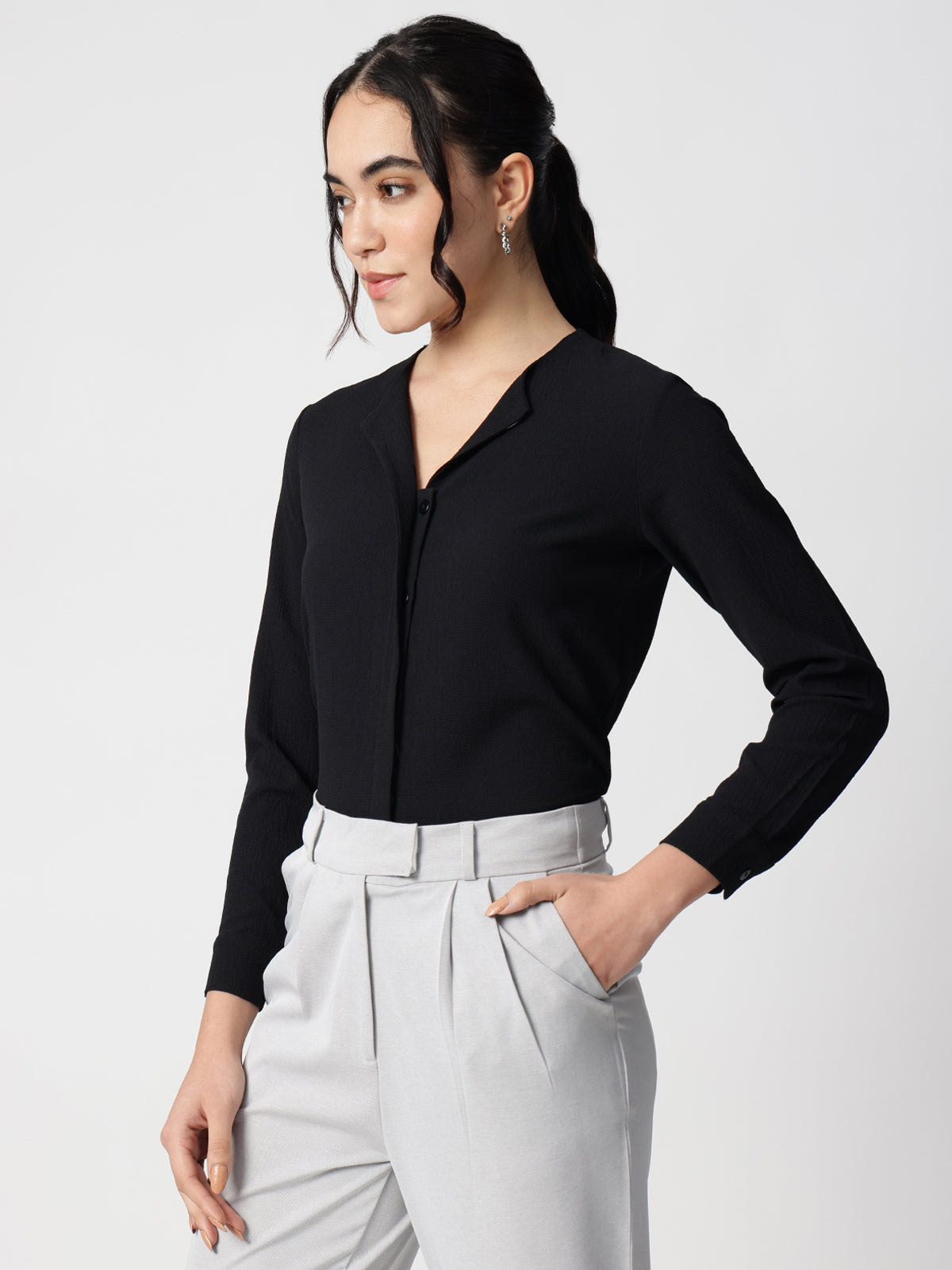 Women Black Crepe Cuban Collar Shirt