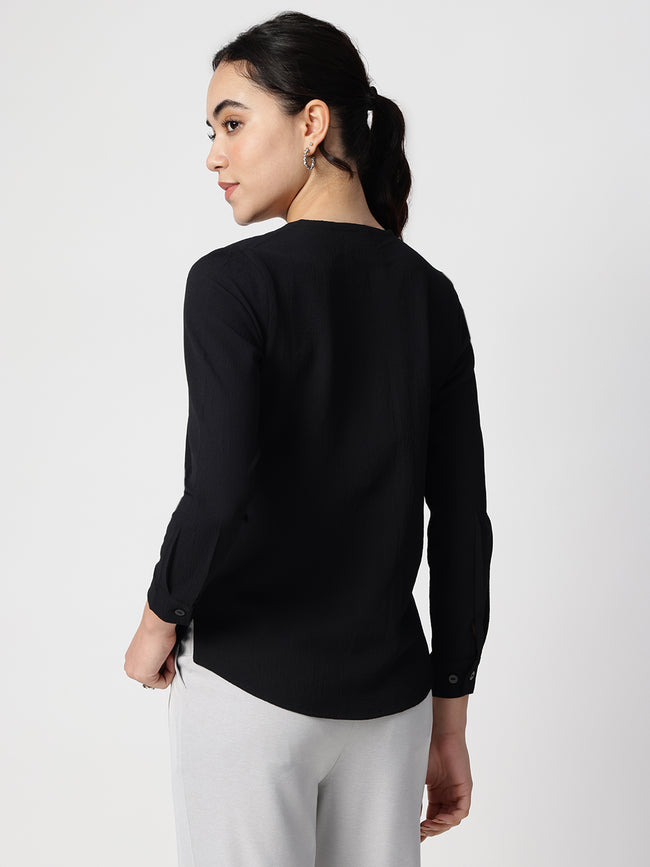 Women Black Crepe Cuban Collar Shirt