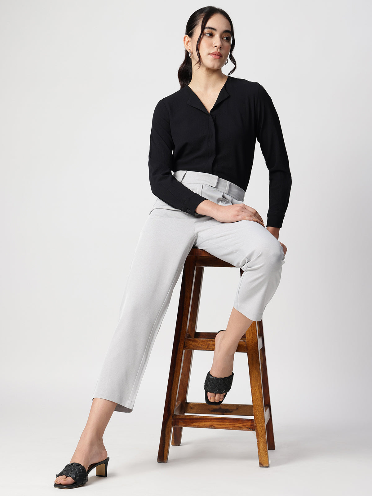 Women Black Crepe Cuban Collar Shirt