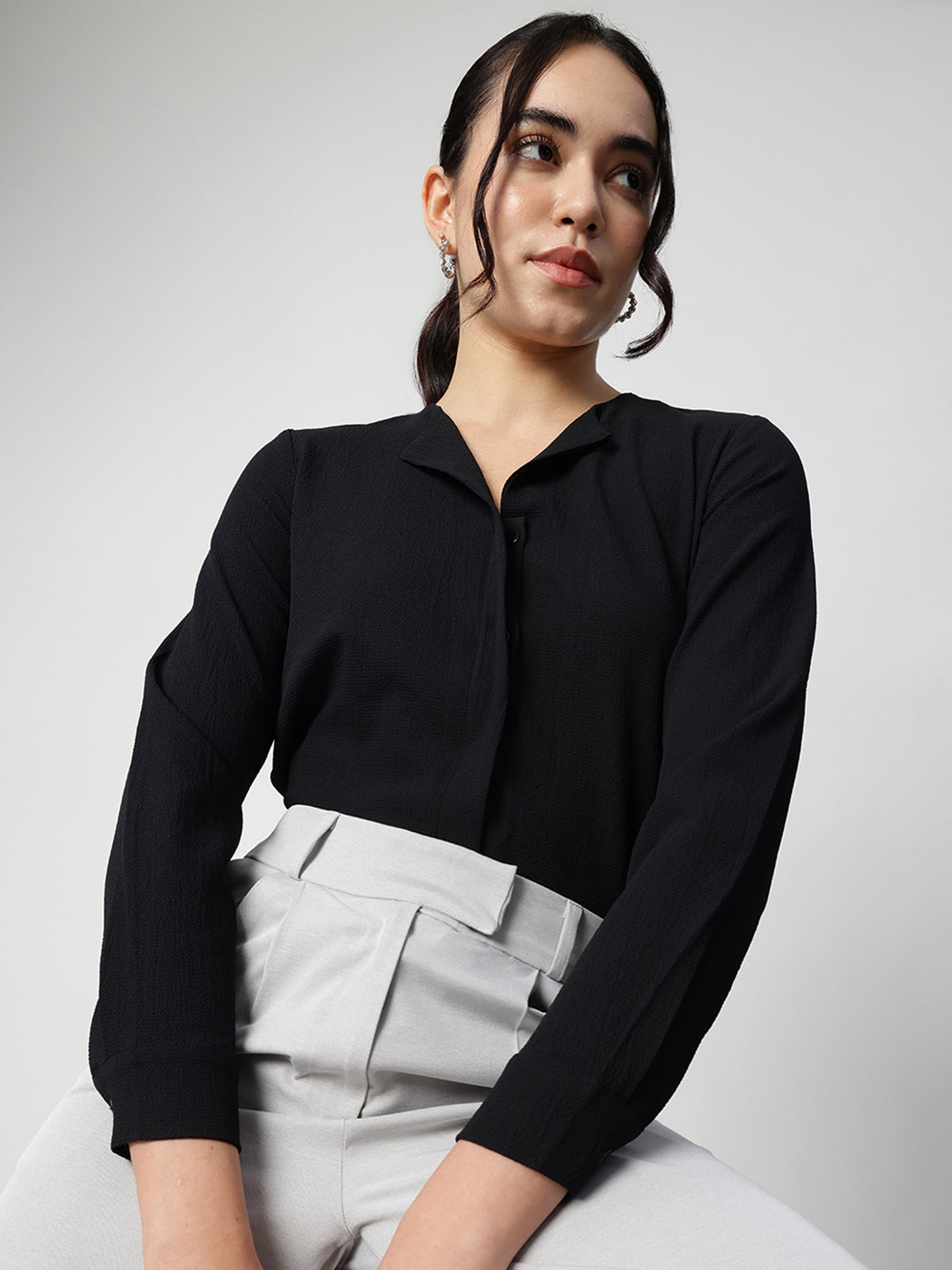 Women Black Crepe Cuban Collar Shirt