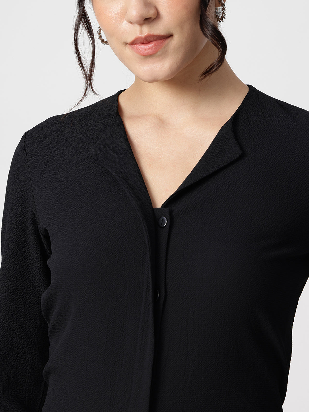 Women Black Crepe Cuban Collar Shirt