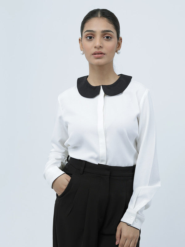 Women White Polyester Peter Pan Shirt