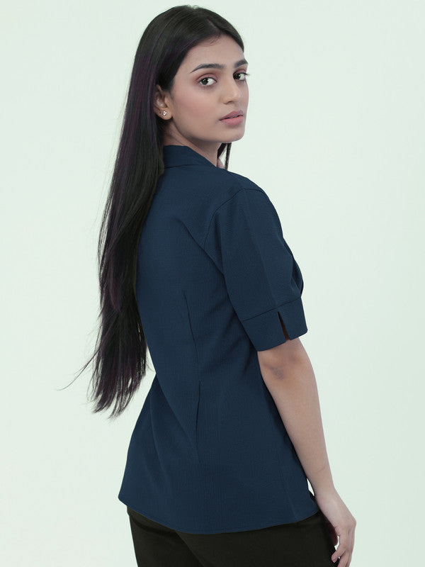 Women Blue Crepe Spread Collar Shirt