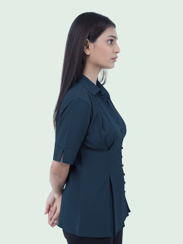 Women Blue Crepe Spread Collar Shirt