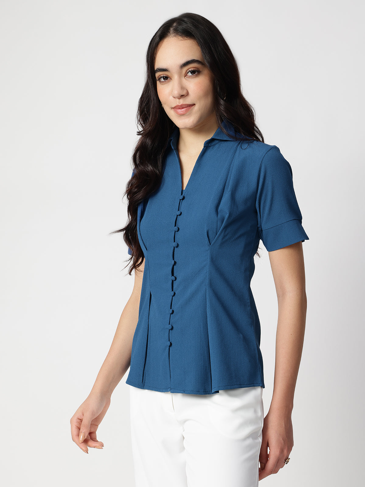 Women Blue Crepe Spread Collar Shirt