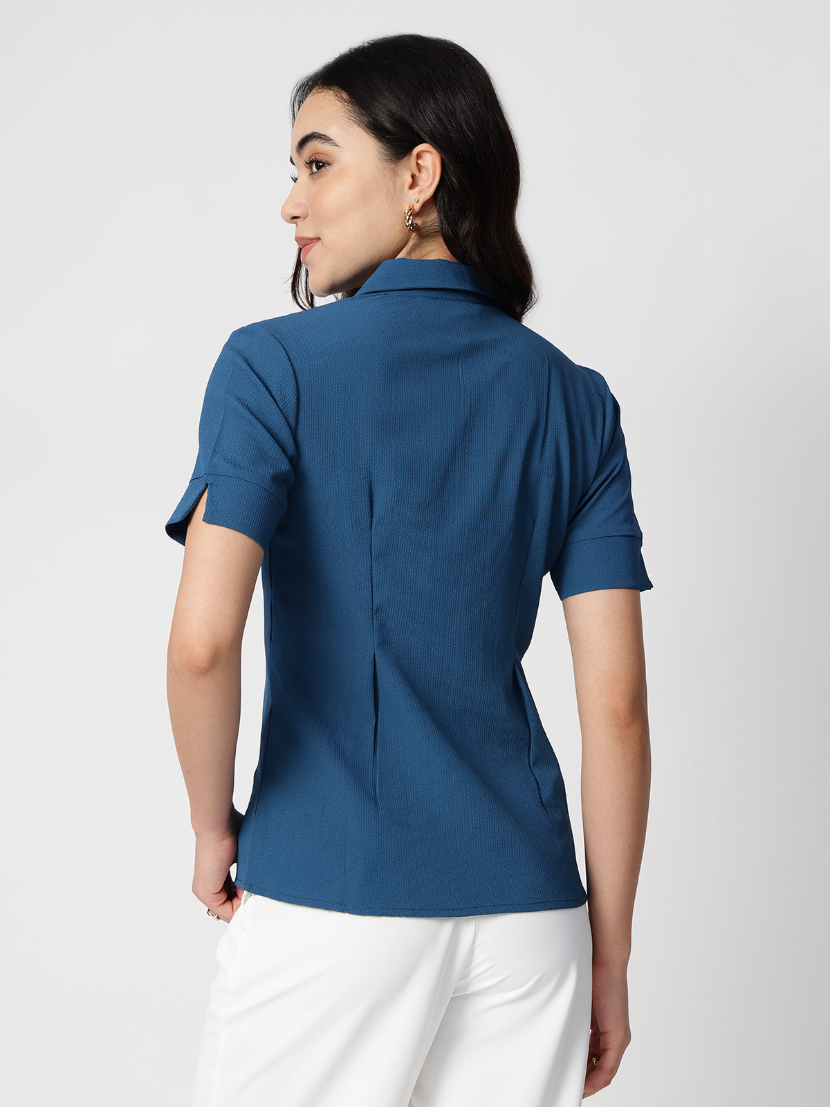 Women Blue Crepe Spread Collar Shirt