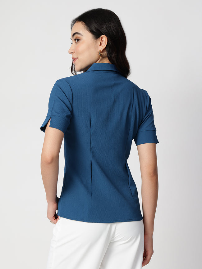 Women Blue Crepe Spread Collar Shirt