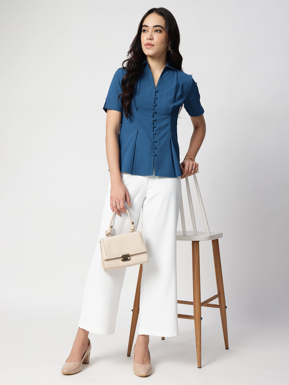 Women Blue Crepe Spread Collar Shirt