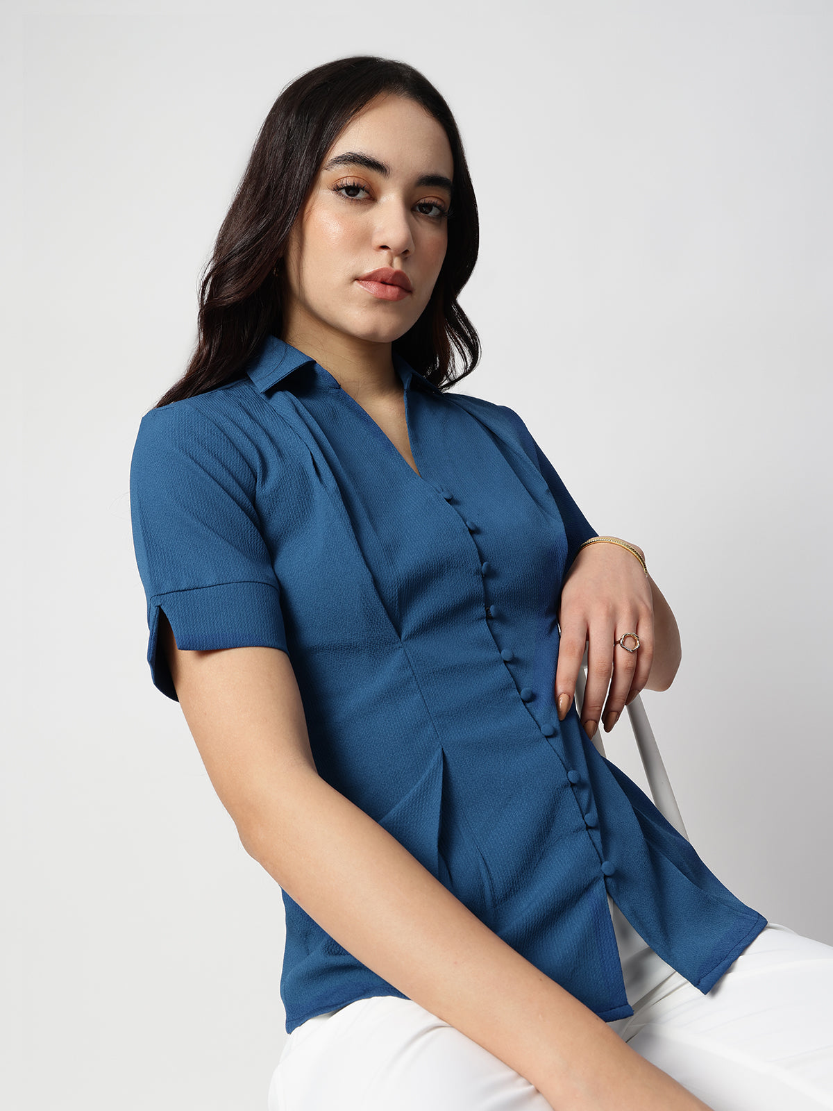 Women Blue Crepe Spread Collar Shirt