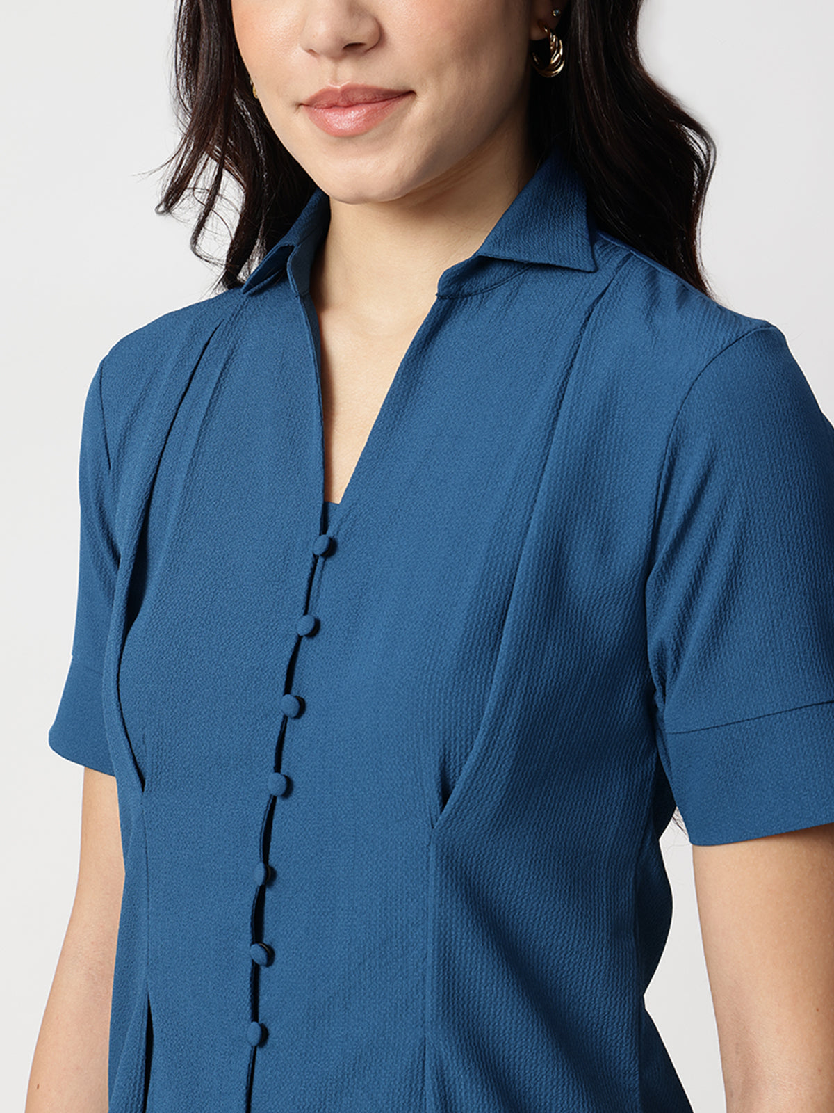 Women Blue Crepe Spread Collar Shirt