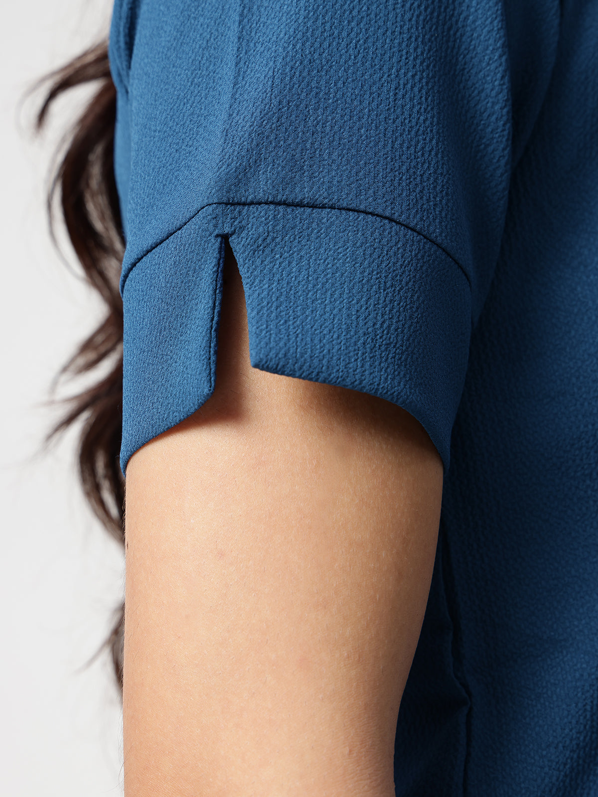 Women Blue Crepe Spread Collar Shirt