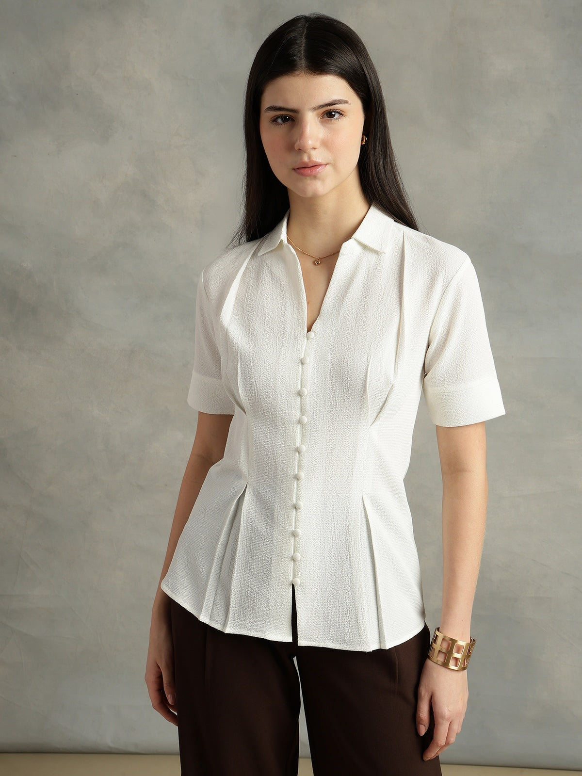 Women White Crepe Spread Collar Shirt