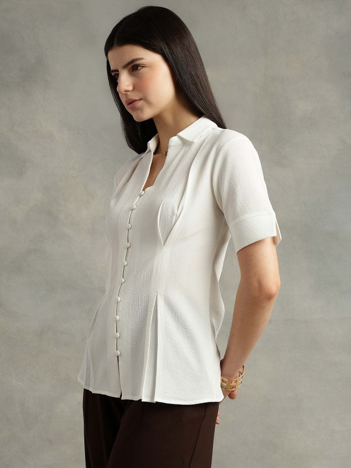 Women White Crepe Spread Collar Shirt