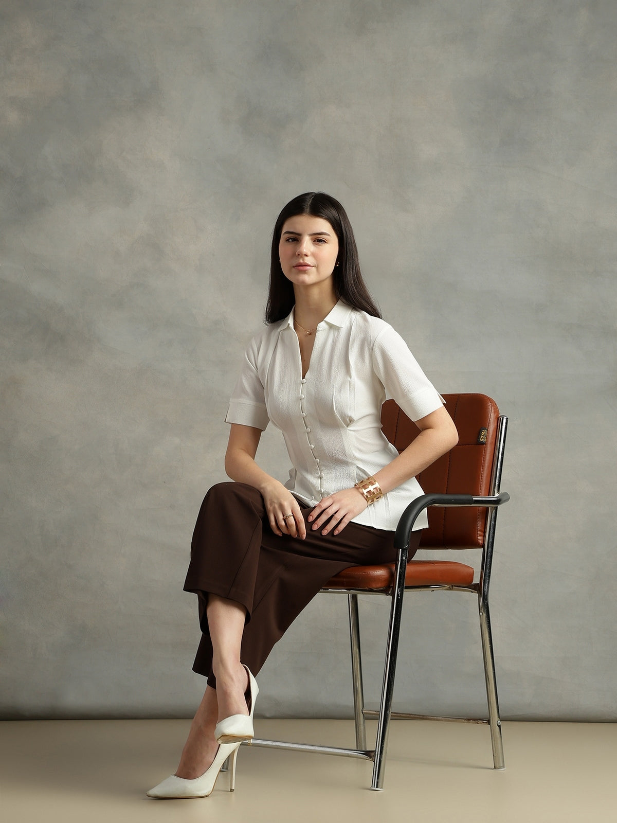 Women White Crepe Spread Collar Shirt