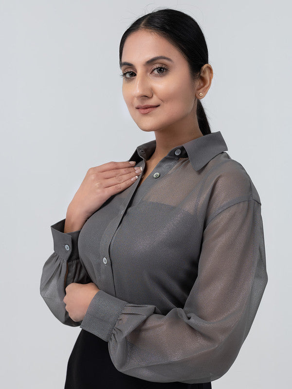 Women Grey Georgette Spread Collar Shirt