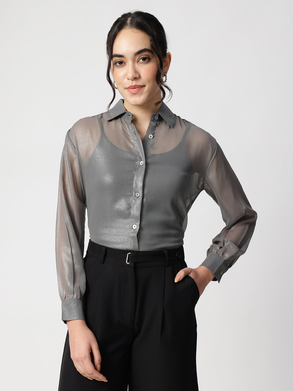 Women Grey Georgette Spread Collar Shirt