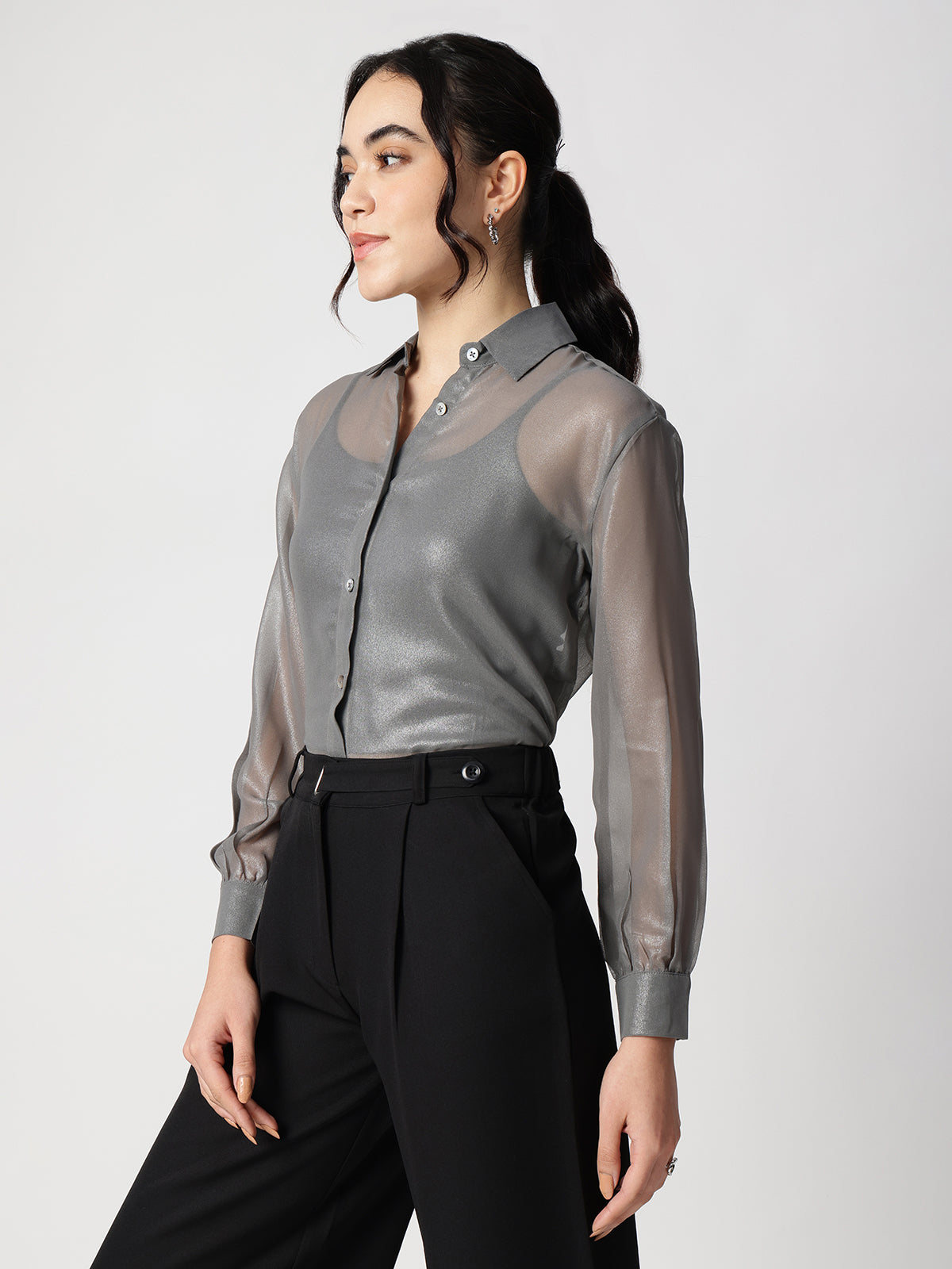 Women Grey Georgette Spread Collar Shirt
