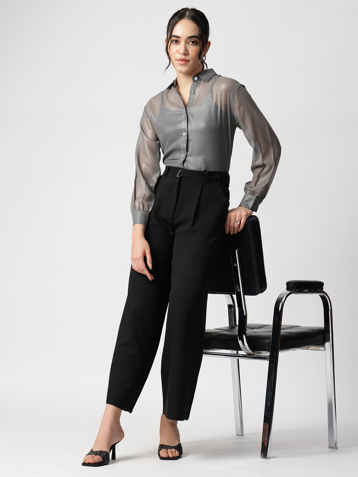 Women Grey Georgette Spread Collar Shirt