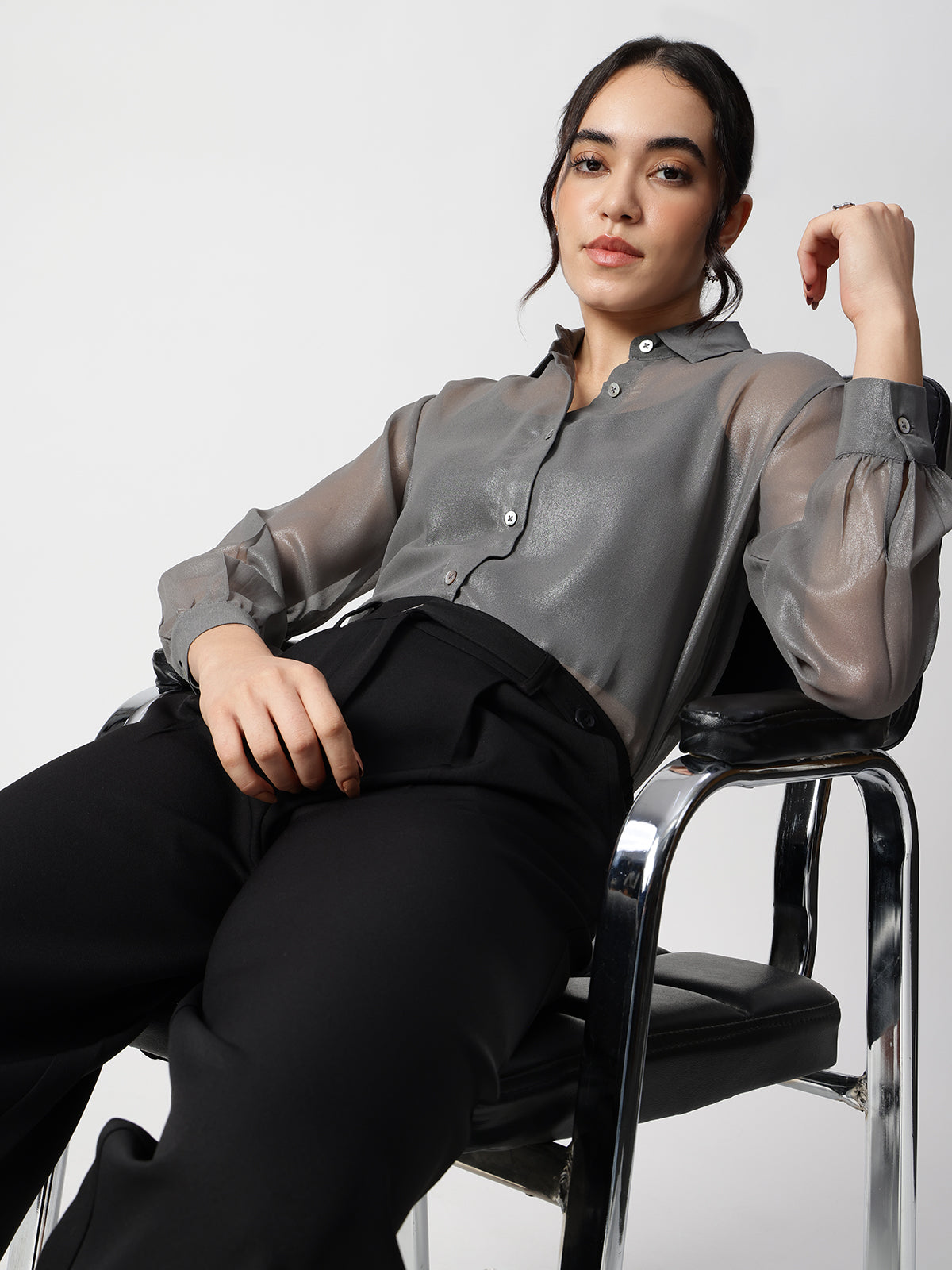 Women Grey Georgette Spread Collar Shirt