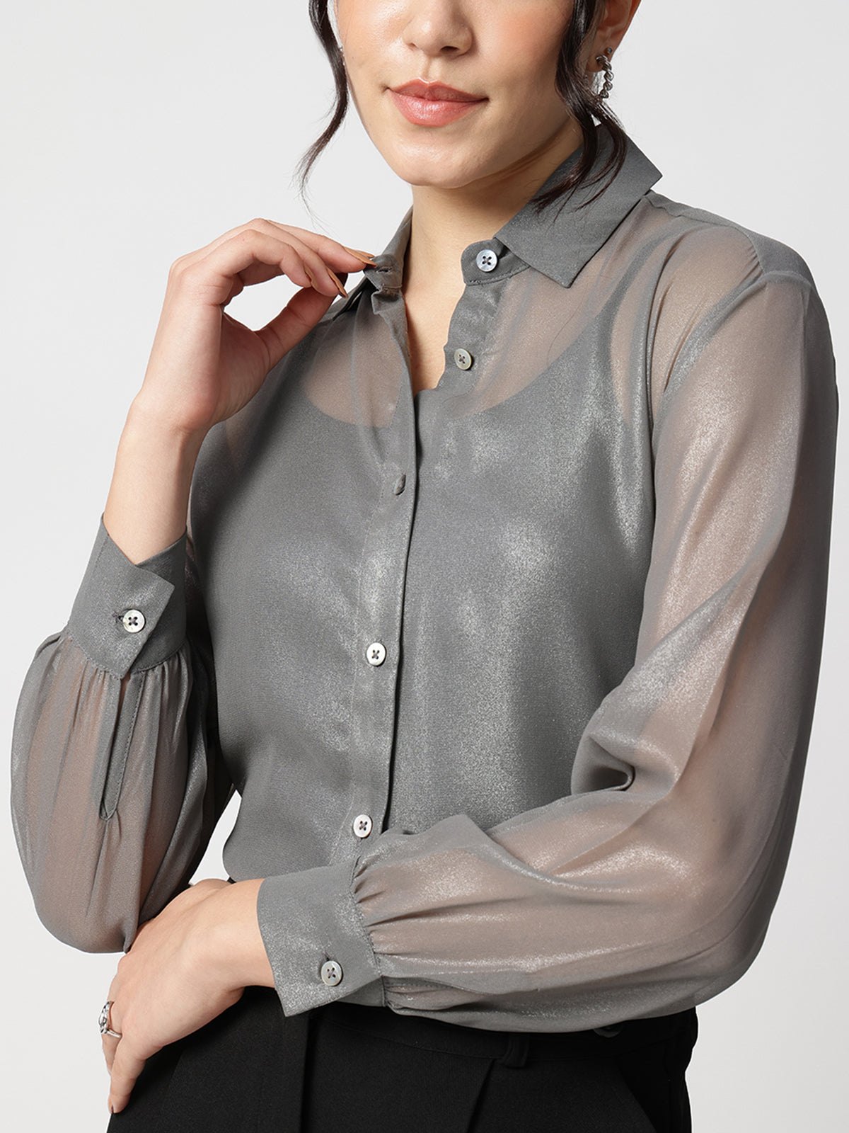 Women Grey Georgette Spread Collar Shirt