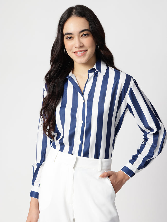 Women Blue Stripe Satin Collar Shirt