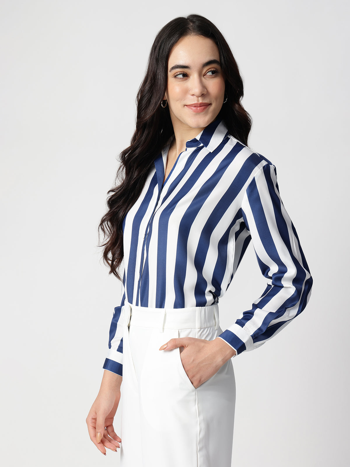 Women Blue Stripe Satin Collar Shirt