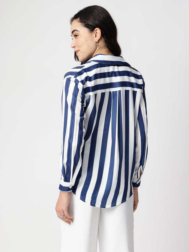 Women Blue Stripe Satin Collar Shirt