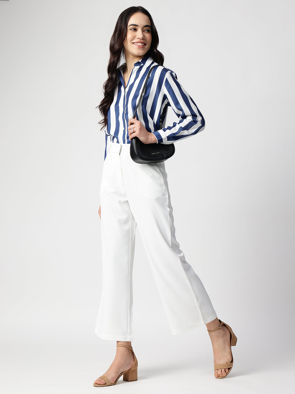 Women Blue Stripe Satin Collar Shirt