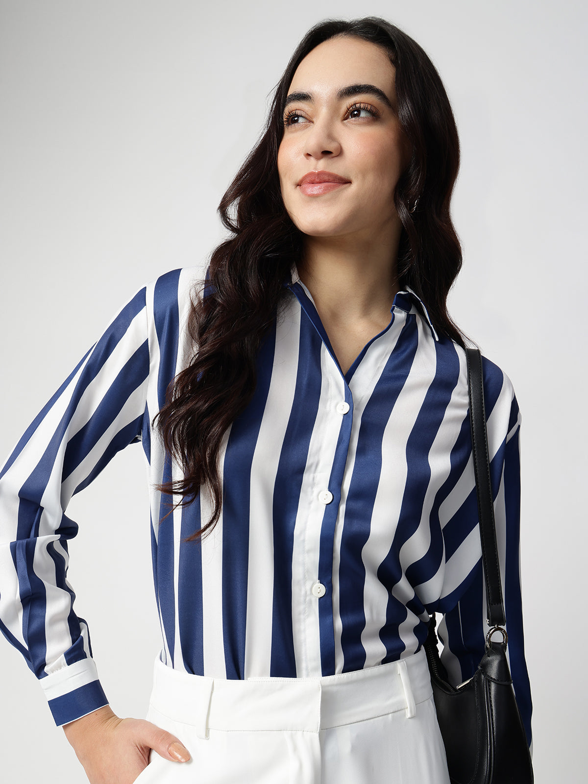 Women Blue Stripe Satin Collar Shirt