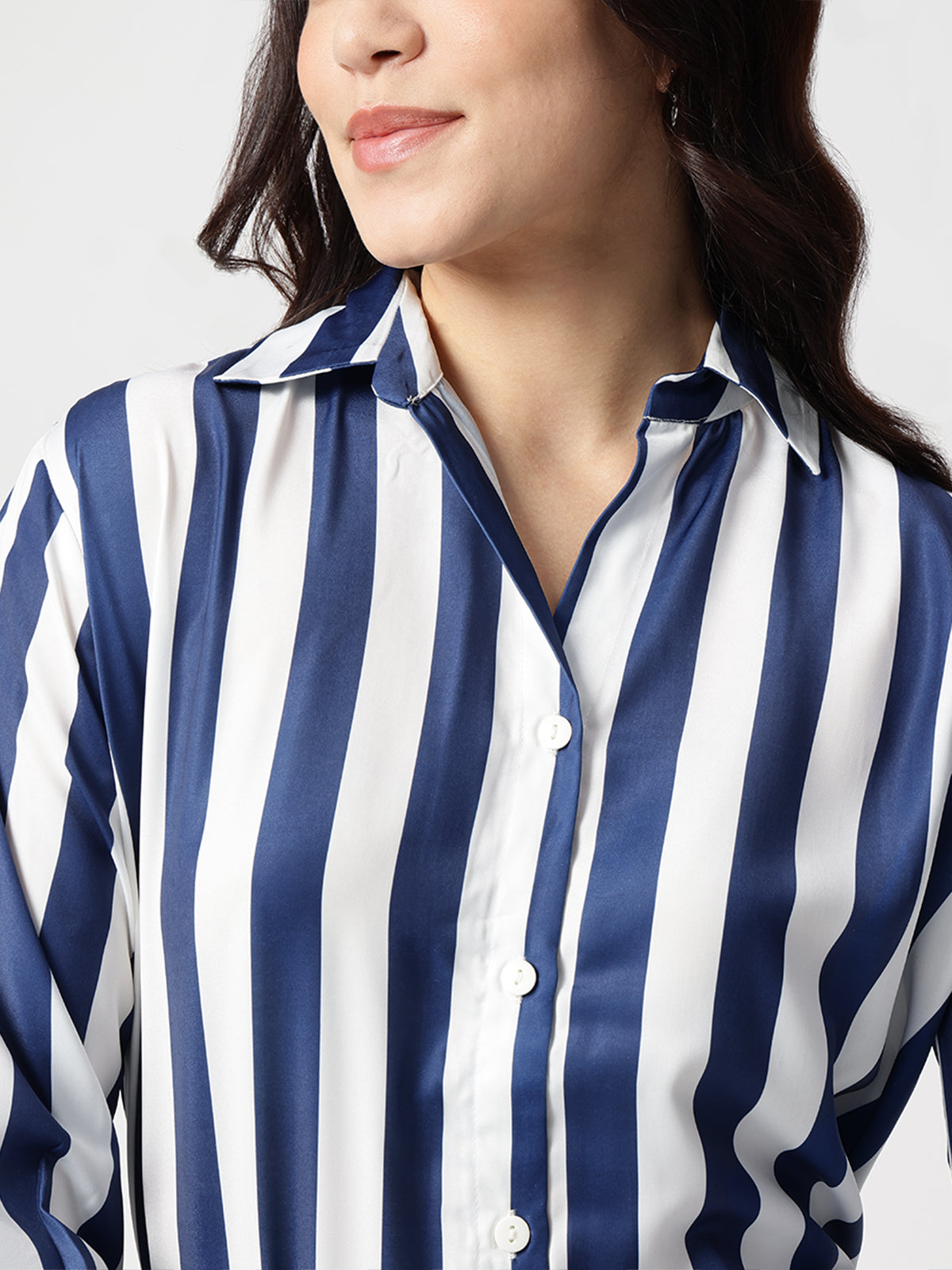 Women Blue Stripe Satin Collar Shirt