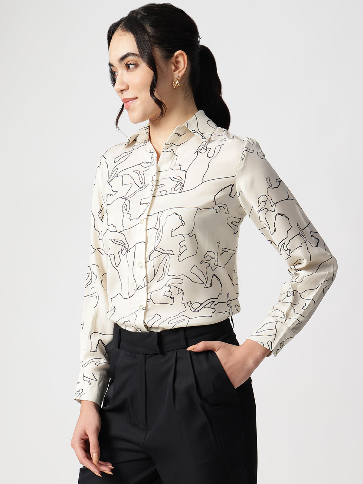 Women Abstract Beige Satin Collar Shirt