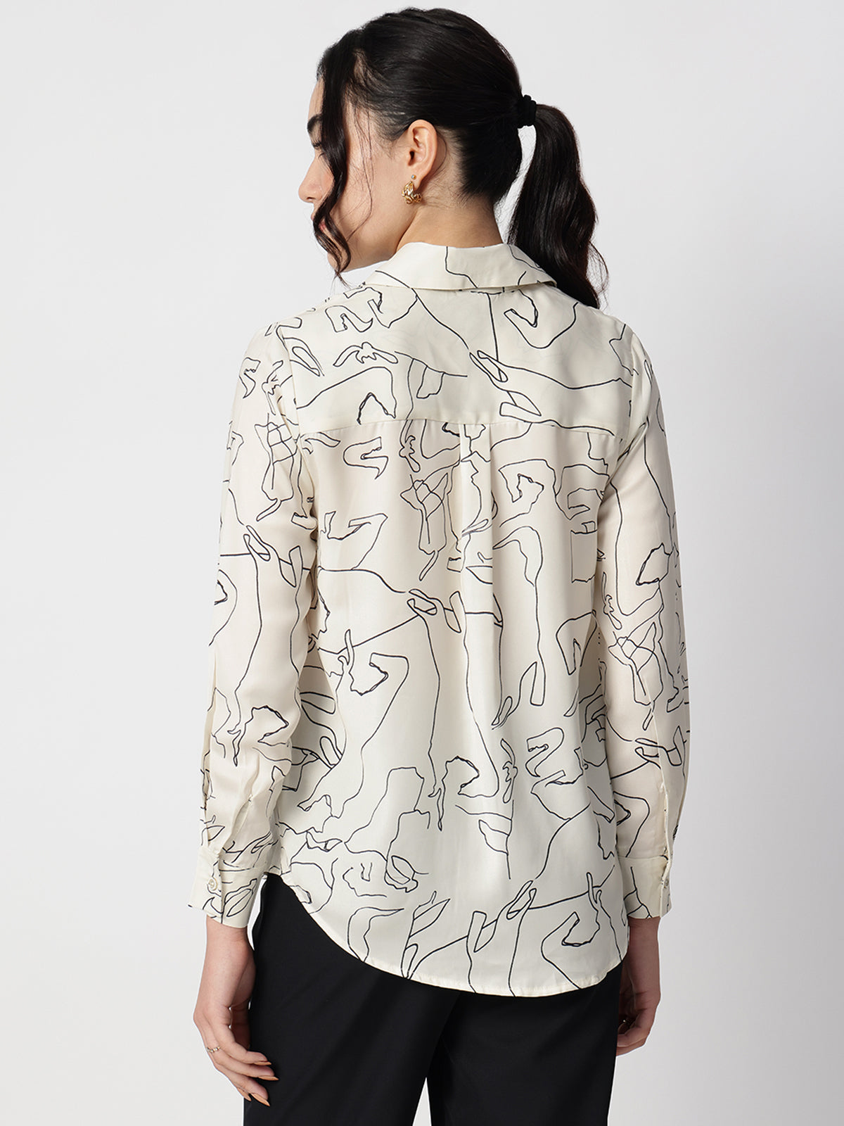 Women Abstract Beige Satin Collar Shirt
